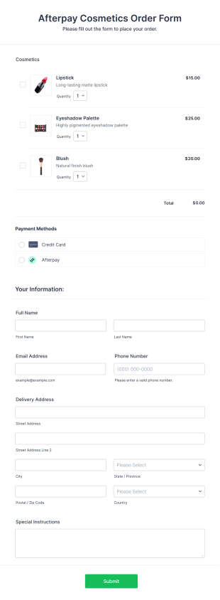 Afterpay Cosmetics Order Form Template