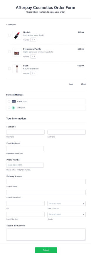 Afterpay Cosmetics Order Form Template