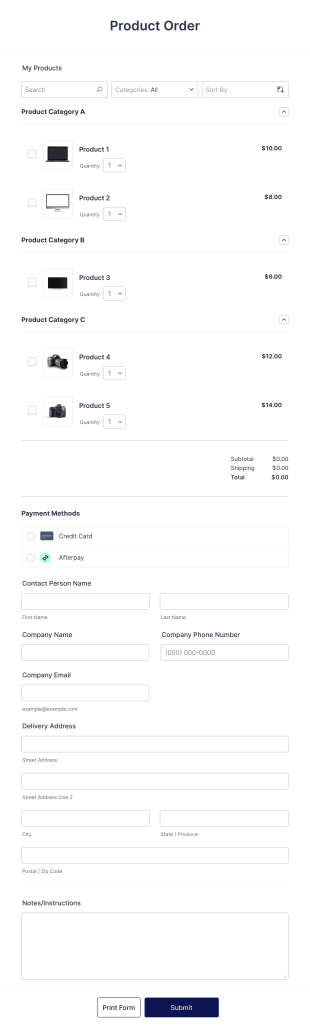 Afterpay Electronic Product Order Form Template