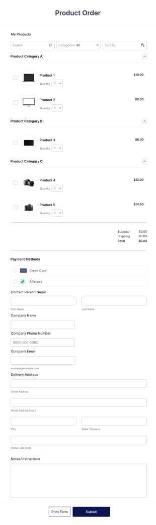 Afterpay Electronic Product Order Form Template