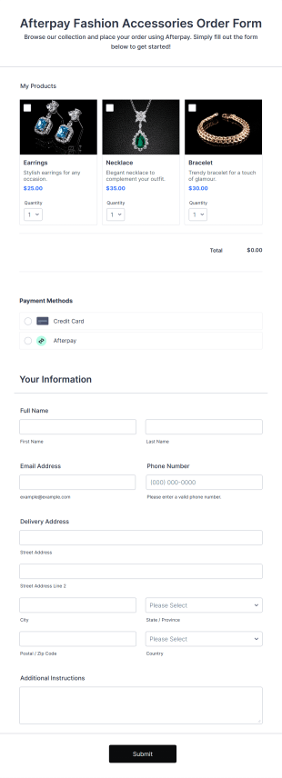 Afterpay Fashion Accessories Order Form Template