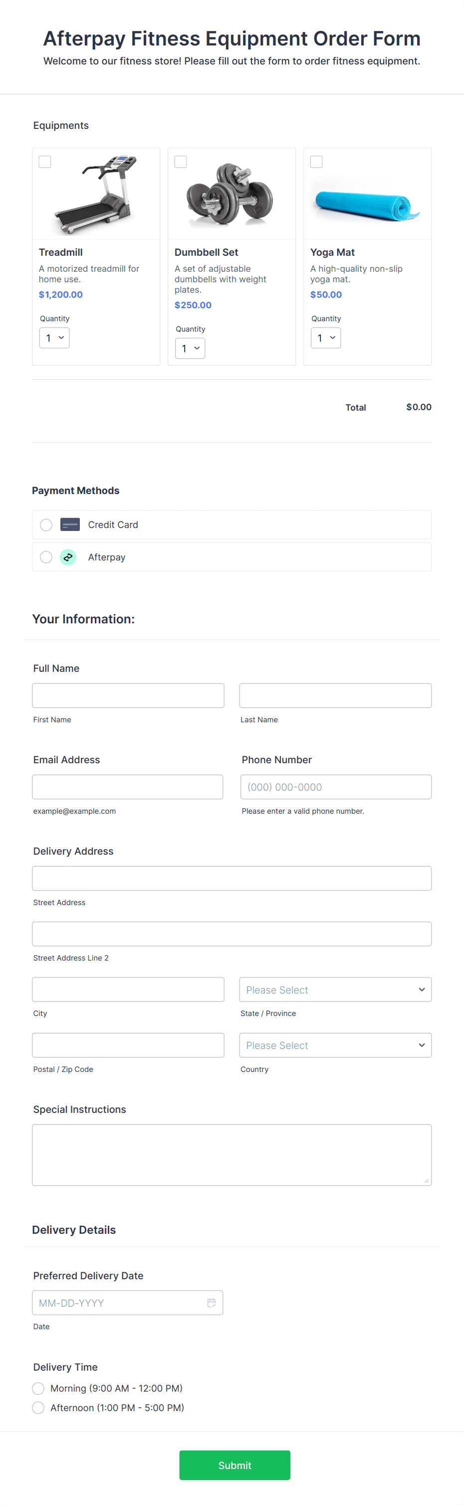 Afterpay Fitness Equipment Order Form Template | Jotform