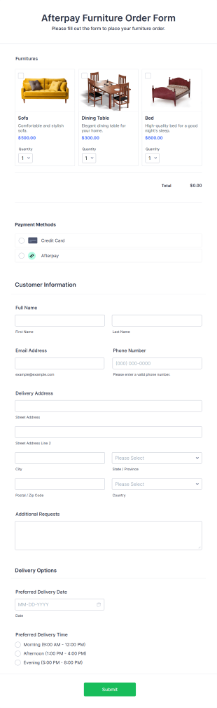 Afterpay Furniture Order Form Template