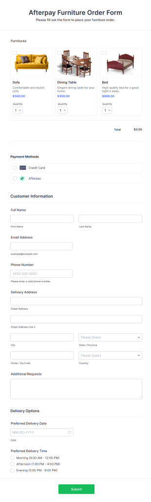 Afterpay Furniture Order Form Template