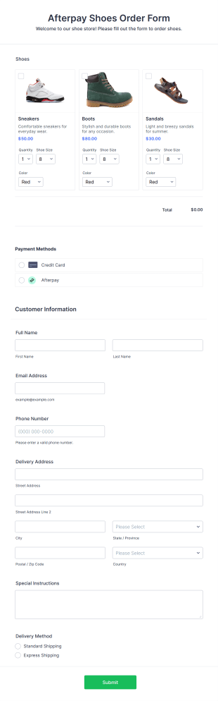 Afterpay Shoes Order Form Template