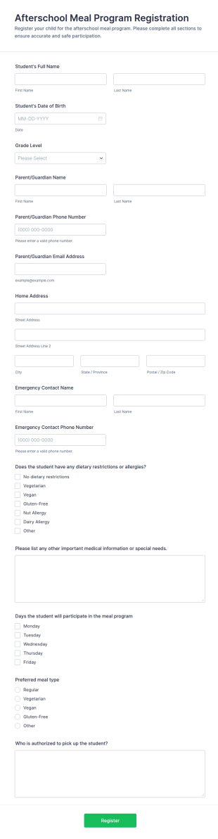 Afterschool Meal Program Registration Form Template