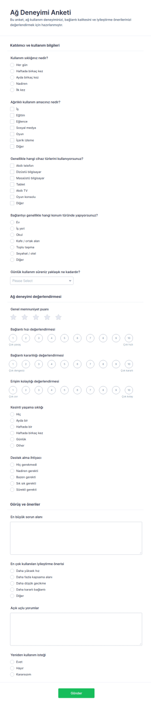 Ağ Deneyimi Anketi Form Şablonu