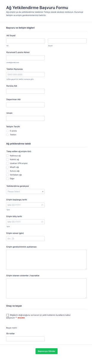 Ağ Yetkilendirme Başvurusu Form Şablonu