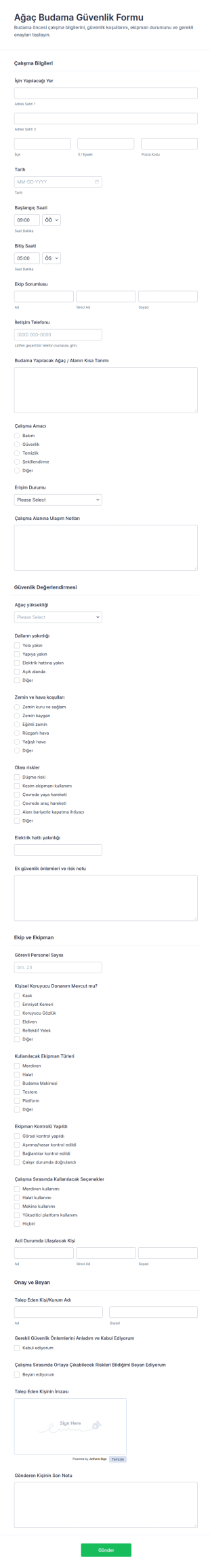 Ağaç Budama Güvenliği Form Şablonu