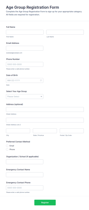 Age Group Registration Form Template