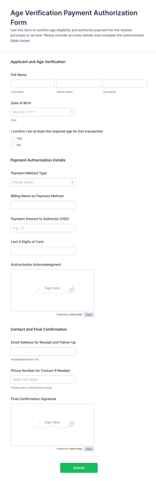 Age Verification Payment Authorization Form Template