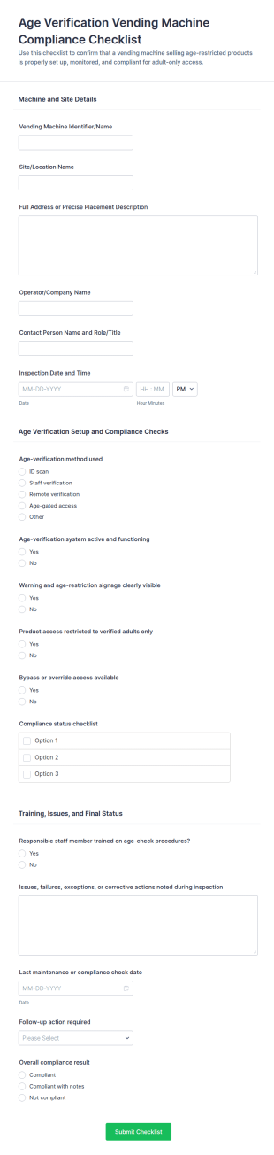 Age Verification Vending Machine Compliance Checklist Form Template