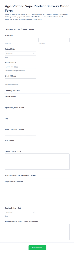 Age Verified Vape Product Delivery Order Form Template