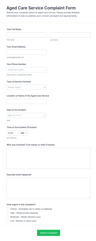 Aged Care Service Complaint Form Template