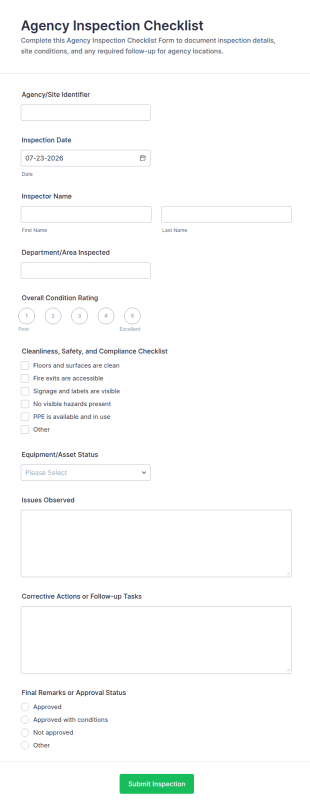 Agency Inspection Checklist Form Template