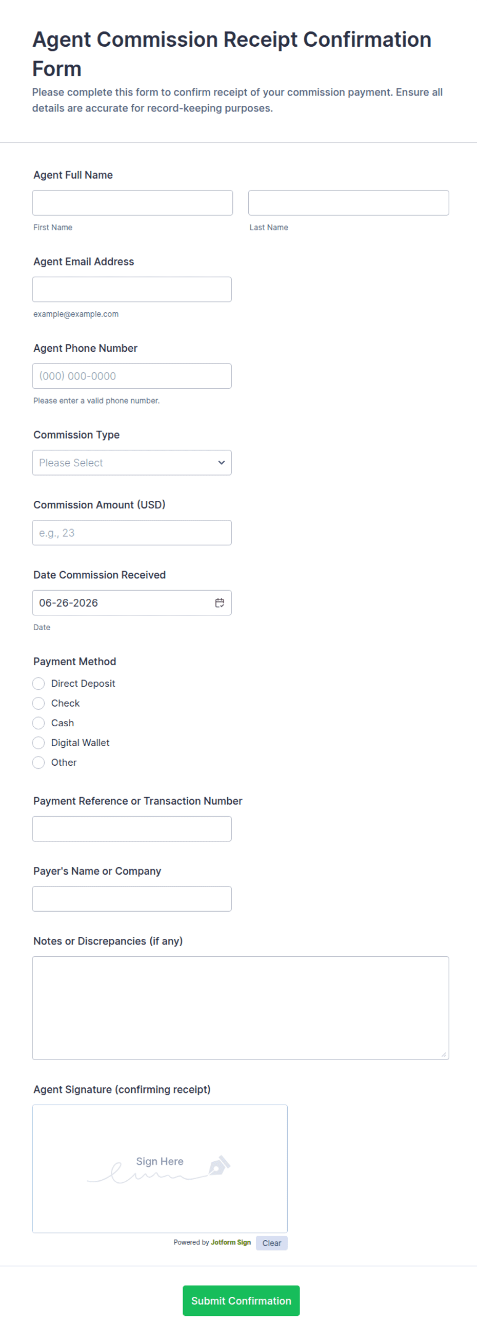 Agent Commission Receipt Confirmation Form Template | Jotform