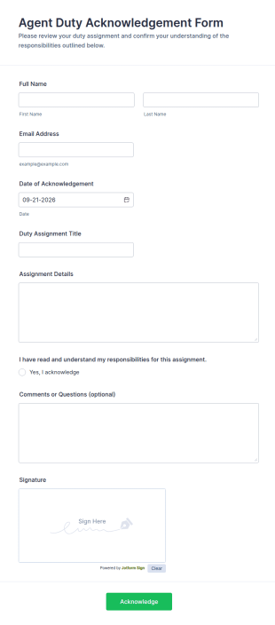 Agent Duty Acknowledgement Form Template