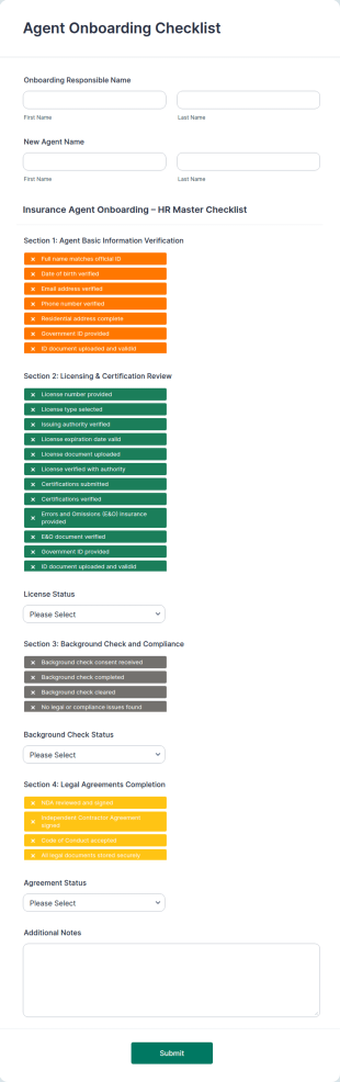 Agent Onboarding Checklist Form Template