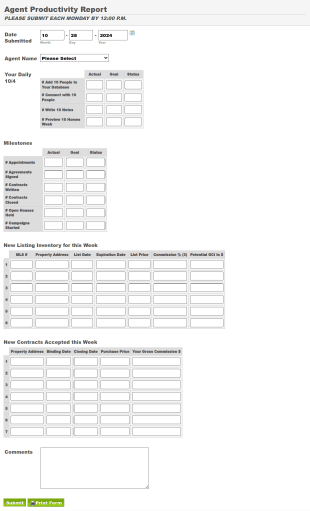 Agent Productivity Report Form Template