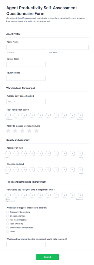 Agent Productivity Self Assessment Questionnaire Form Template