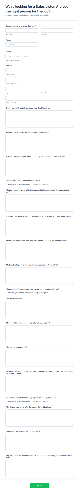 Sales Lister Job Application Form Template