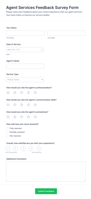 Agent Services Feedback Survey Form Template