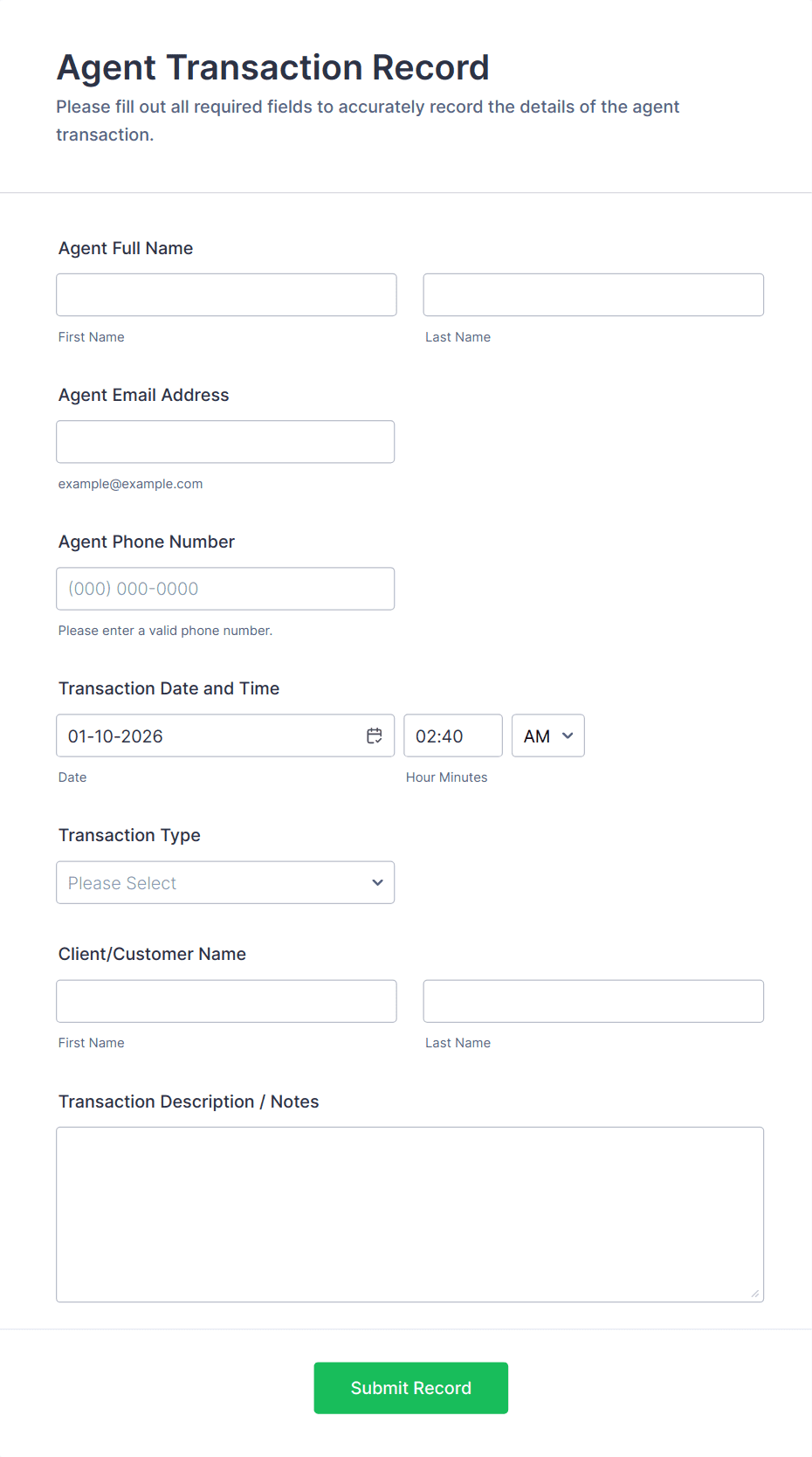 Agent Transaction Record Form Template | Jotform
