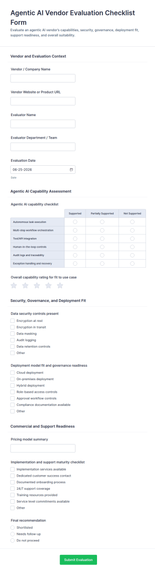 Agentic AI Vendor Evaluation Checklist Form Template