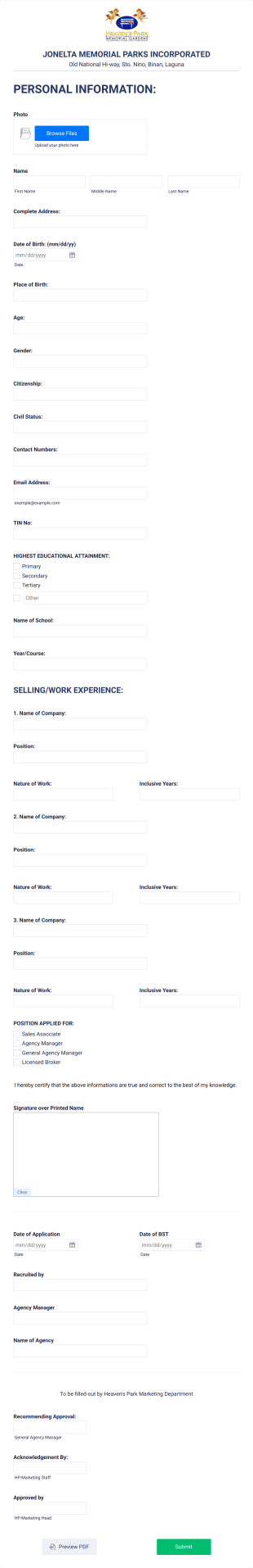 Agent's Form (Heaven's Park) Form Template