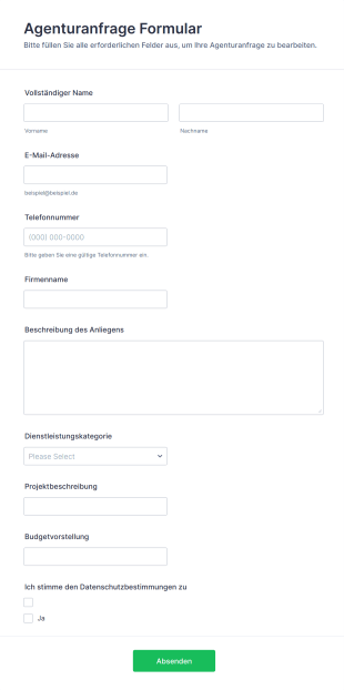 Agenturanfrage Formular