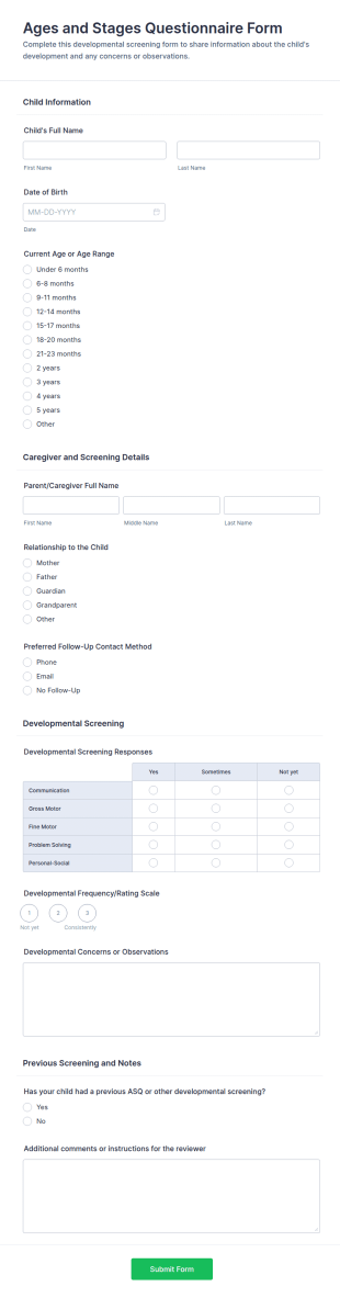 Ages And Stages Questionnaire (ASQ) Developmental Screening Form Template