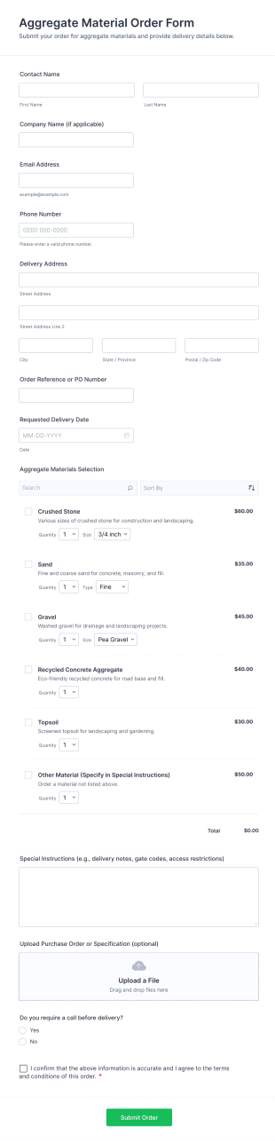 Aggregate Material Order Form Template