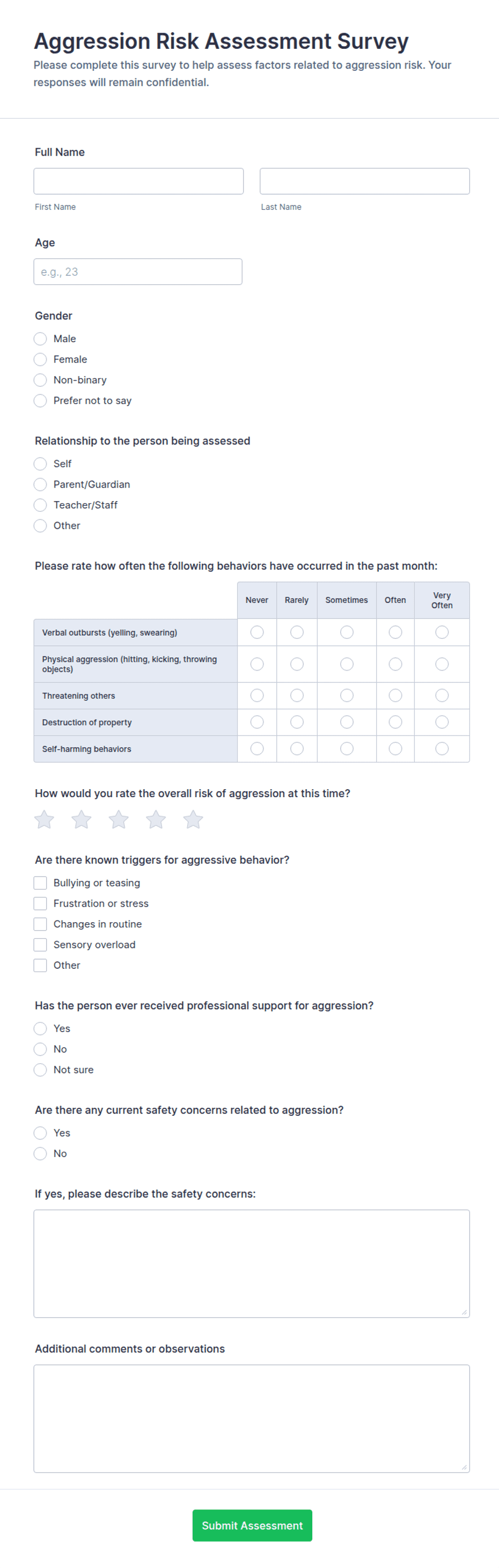 Aggression Risk Assessment Survey Form Template | Jotform