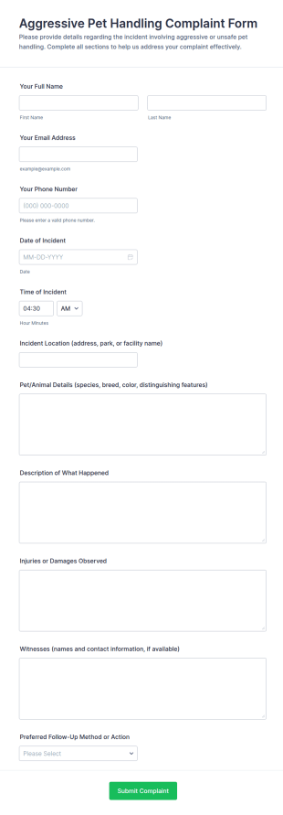 Aggressive Pet Handling Complaint Form Template
