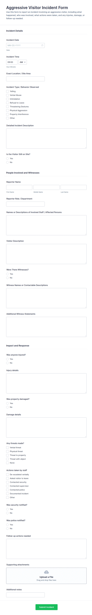 Aggressive Visitor Incident Report Form Template