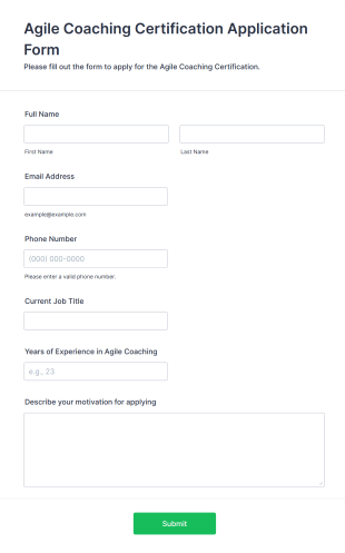 Agile Coaching Certification Application Form Form Template