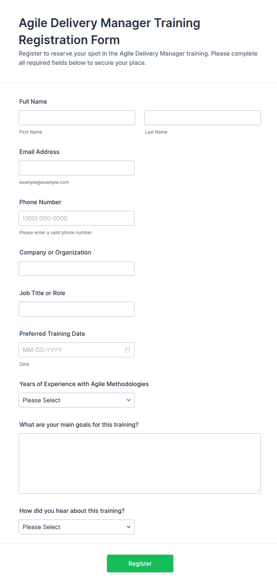 Agile Delivery Manager Training Registration Form Template | Jotform