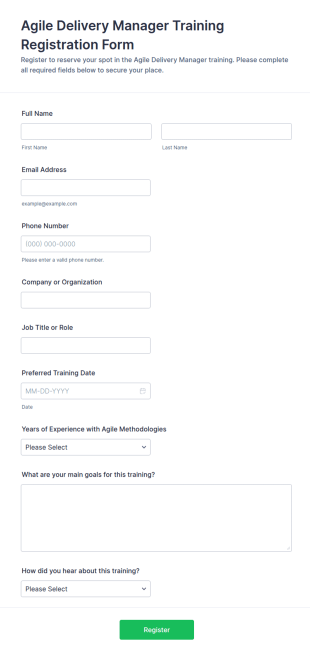 Agile Delivery Manager Training Registration Form Template