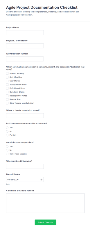 Agile Project Documentation Checklist Form Template