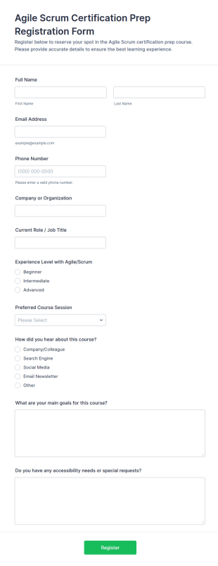 Agile Scrum Certification Prep Registration Form Template