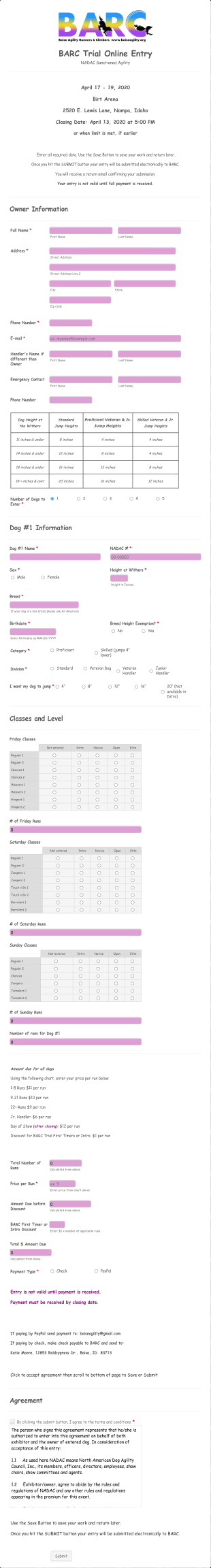 Agility Trial Entry Form Template