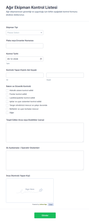Ağır Ekipman Kontrol Listesi Form Şablonu