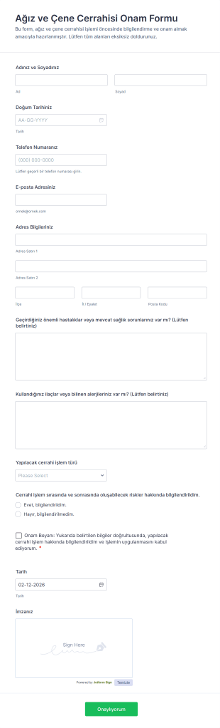 Ağız Ve Çene Cerrahisi Onam Form Şablonu