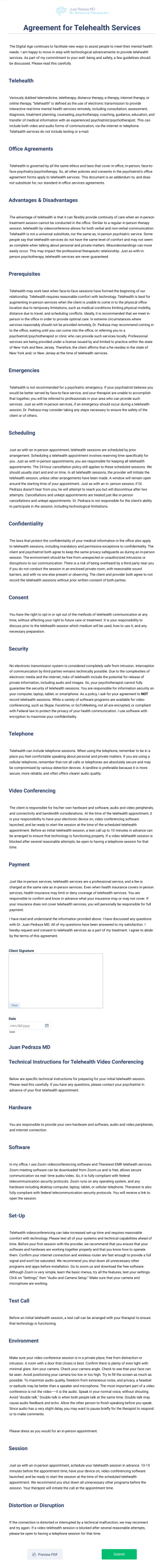 Telehealth Services Agreement Form Template