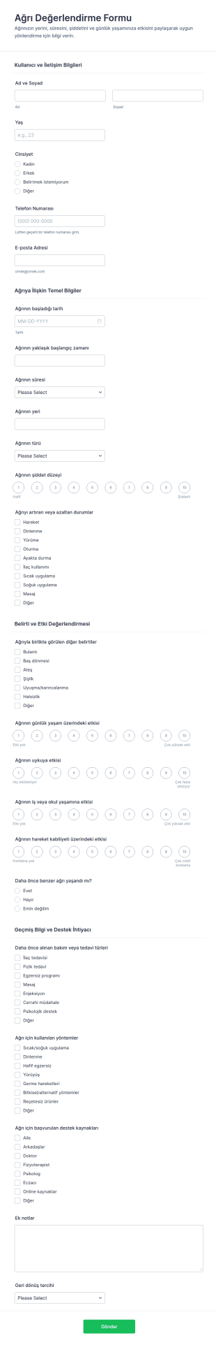 Ağrı Değerlendirme Anketi Form Şablonu