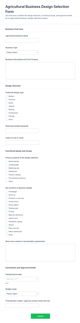 Agricultural Business Design Selection Form Template