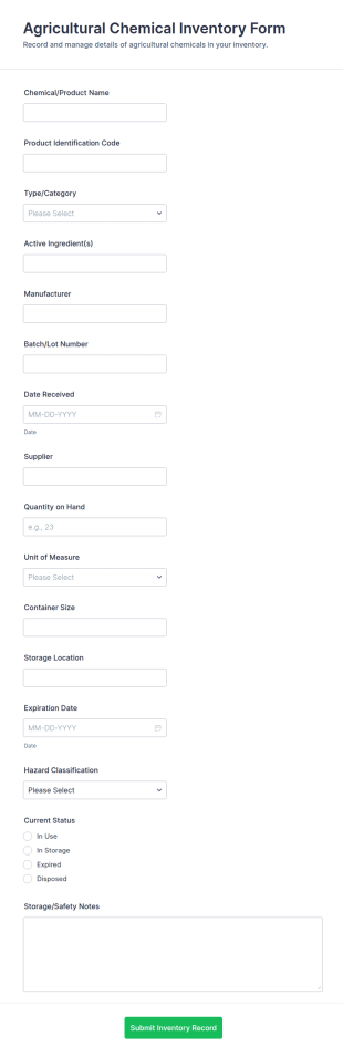 Agricultural Chemical Inventory Form Template