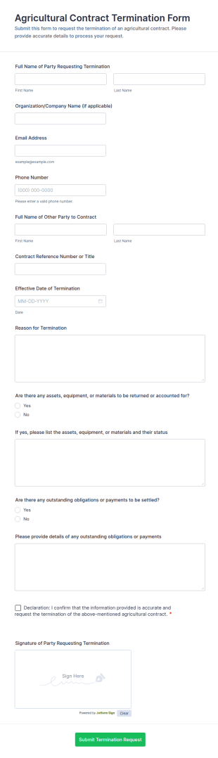 Agricultural Contract Termination Form Template