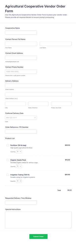 Agricultural Cooperative Vendor Order Form Template