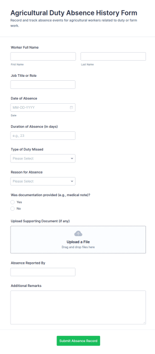 Agricultural Duty Absence History Form Template